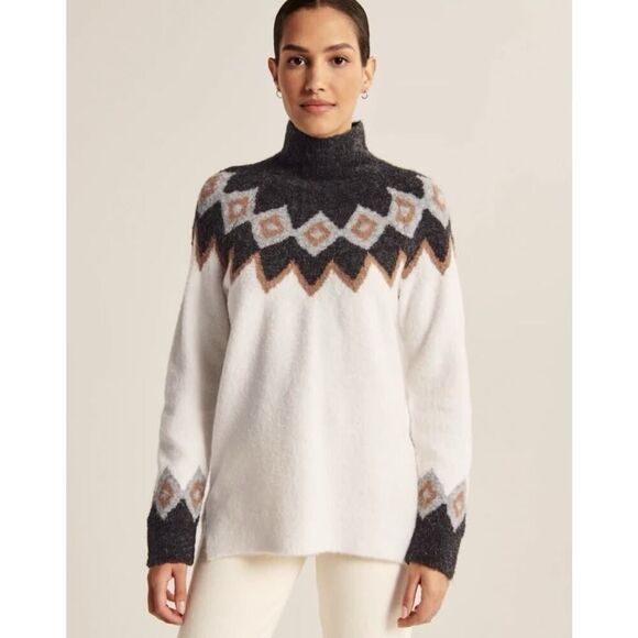 Abercrombie & Fitch Nordic Fair Isle Sweater White Gray Size S Soft Cozy Warm - Picture 1 of 9